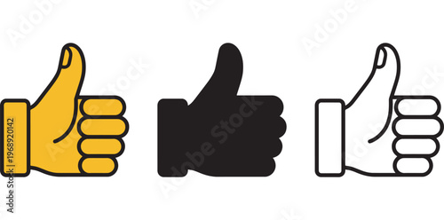 A set of three thumbs up icons in different colors on a white background