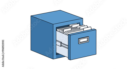 A professional blue metal filing cabinet stands with its top drawer partially extended to reveal a series of organized white document folders inside.