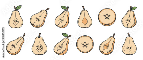 Pears fruit illustration set featuring whole and cut pears with visible seeds in a charming hand-drawn style.