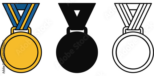 Three medals with different designs and colors on a white background