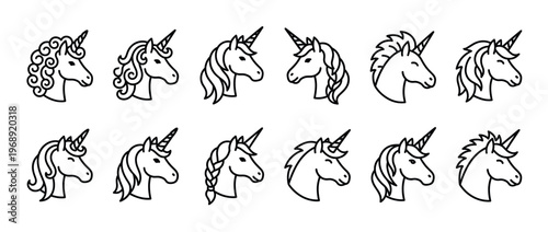 Unicorn heads vector illustration set featuring various mane styles and horn designs in a simple line art drawing.
