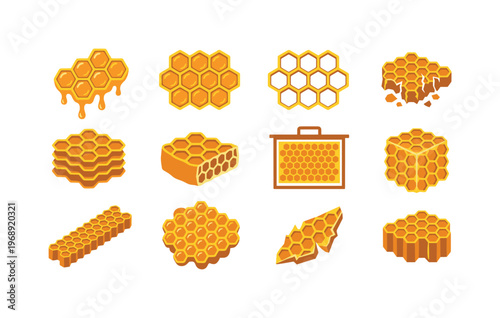 Hexagonal honeycomb pieces with dripping honey, filled honeycomb cells, empty honeycomb cells, broken honeycomb slab, stacked