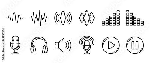 Audio icons collection featuring sound waves, microphones, headphones, and media player controls for various digital and multimedia applications.
