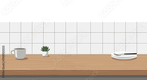 A warm wooden kitchen countertop is positioned against a white tiled backsplash featuring a ceramic coffee mug and a small green succulent plant now.