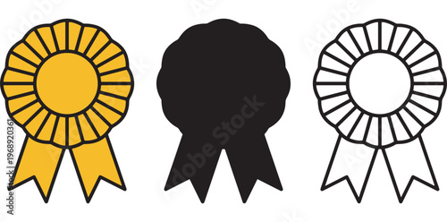 A set of three rosette ribbons in gold, black, and white colors on a plain background