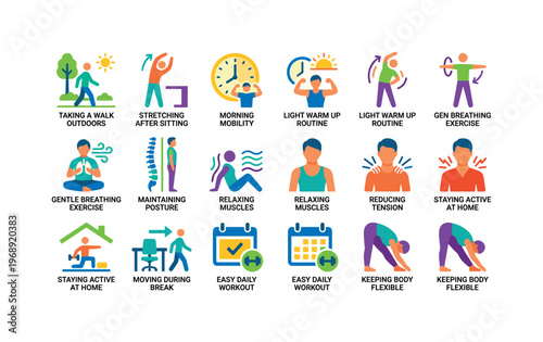 A taking a walk outdoors, stretching after sitting, doing morning mobility, light warm up routine, gentle breathing exercise,