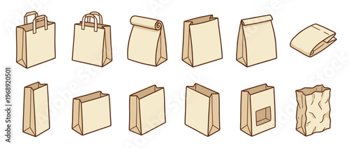 Assortment of eco-friendly brown paper bags, featuring various designs for retail, food, and general packaging needs.