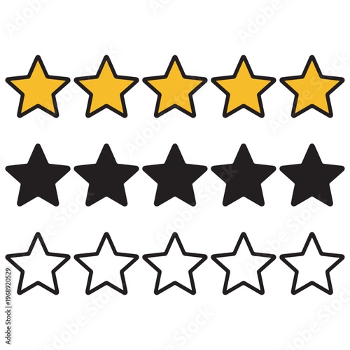 A graphic illustration of star ratings in various colors and styles on a white background