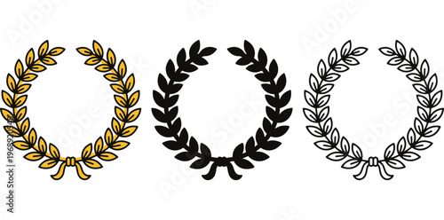 A set of three laurel wreaths in gold, black, and white on a plain background