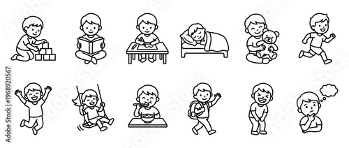 Children engaging in diverse daily activities and expressing various emotions, illustrated in a simple black and white line art style.