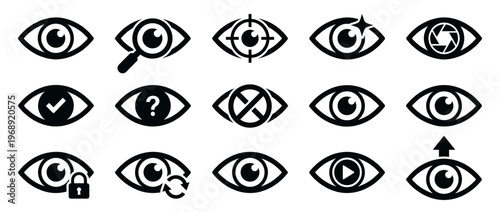 Collection of eye icons representing various vision, observation, security, and privacy concepts for digital interfaces and web design
