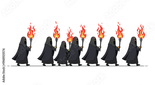 A series of seven mysterious hooded figures dressed in dark cloaks walk in a single file line while holding bright burning torches against white.