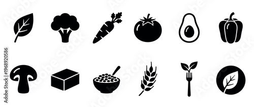 Healthy food icons collection featuring various vegetables, fruits, and grains for diet, nutrition, and organic lifestyle concepts.