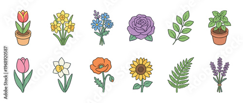 Colorful cartoon flowers and plants collection featuring various botanical elements like tulips, daffodils, roses, sunflowers, and herbs in a charming hand-drawn style.