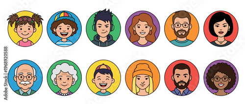 Diverse group of cartoon people avatars showcasing a wide range of ages, genders, and ethnicities in a colorful flat design style.