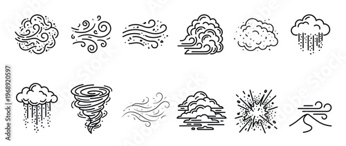 Collection of various weather and natural element line art icons depicting wind, clouds, rain, and storm phenomena in a simple graphic style.