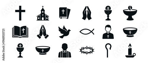 Christian religious icons set featuring various spiritual symbols like the cross, church, bible, praying hands, chalice, and dove.