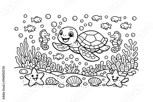 Underwater party with a cheerful sea turtle gliding among colorful coral, tiny fish and seahorses dancing, bubbles rising, shells
