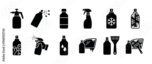 Car care products and winter maintenance tools icon set featuring various spray bottles, de-icers, and ice scrapers for vehicle cleaning.