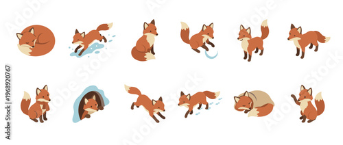 Cute cartoon foxes in various poses and activities, including sleeping, jumping, sitting, and playing, depicted in a charming illustration.