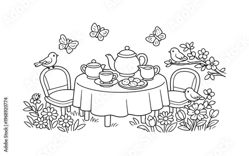 Cozy Garden Tea. Garden tea with a cozy table set among blooming flowers, butterflies fluttering, tiny birds perched nearby,