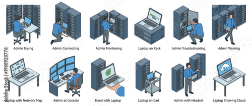 IT administrator working with server racks and laptops in a data center environment, performing various network management tasks.
