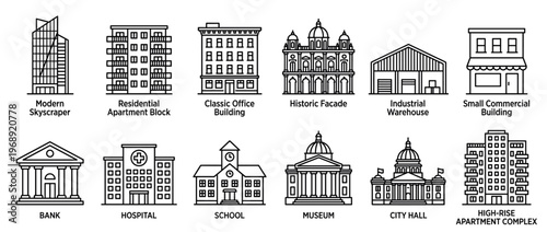 Building icons collection featuring various architectural structures like skyscrapers, apartments, offices, and public institutions in a modern line art style.