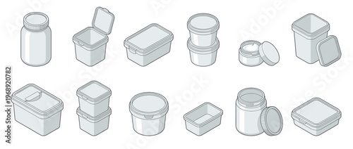 Various plastic containers, jars, and tubs, including food storage boxes, cosmetic jars, and general purpose packaging in an isometric line art style.