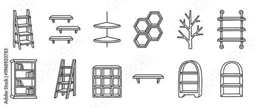 Collection of hand-drawn doodle style shelves and storage units, including ladder shelves, wall shelves, and bookcases, for home organization and display.