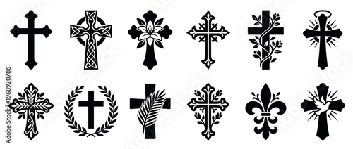 Collection of diverse religious crosses and Christian symbols featuring various ornate designs and spiritual motifs for faith-based themes.