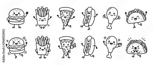 Cute fast food characters seamless pattern featuring happy burgers, fries, pizza, hot dogs, chicken, and tacos in a playful doodle style.