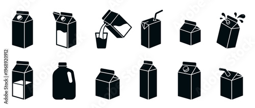 Milk cartons, juice boxes, and beverage containers in various shapes and designs, including pouring milk, open cartons, and a straw, representing dairy and drink packaging.