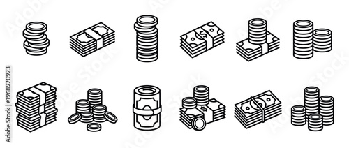 Money icons collection featuring various isometric line art illustrations of stacked coins and bundles of banknotes for financial concepts.