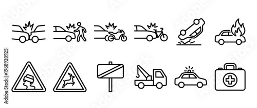 Car accidents road safety emergency icons set depicting various vehicle collisions, warning signs, and assistance services in a modern outline style.