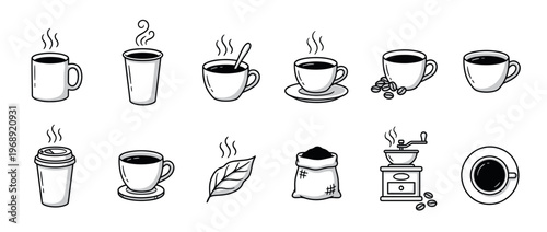 Collection of hand-drawn coffee icons featuring various cups, beans, a grinder, and a leaf, representing different aspects of coffee culture.