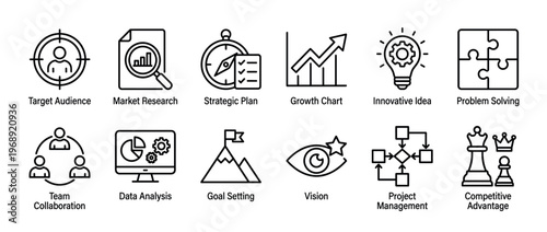 Collection of business strategy and marketing icons depicting essential concepts for corporate growth and success.
