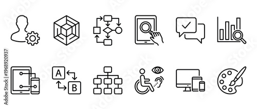 Business, technology, and accessibility line icons set for web design, mobile apps, and digital services development.