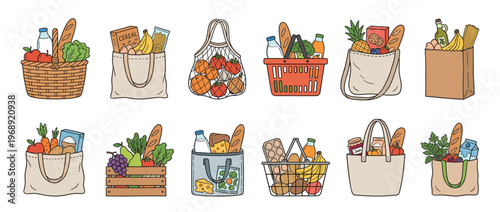 Various grocery shopping bags and baskets filled with fresh food items, illustrating different ways to carry purchases from the market.