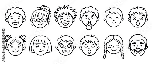 Cartoon faces showing various emotions and expressions, including happiness, surprise, thought, and worry, in a simple line art style.