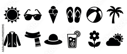Collection of weather and season icons, including summer and winter clothing, accessories, and outdoor activity symbols.