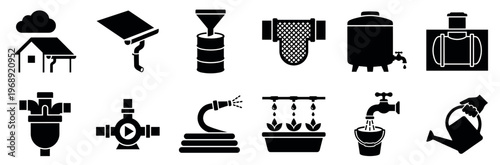 Rainwater harvesting and water conservation system icons illustrating various methods for collecting, storing, filtering, and utilizing water for domestic and agricultural purposes.
