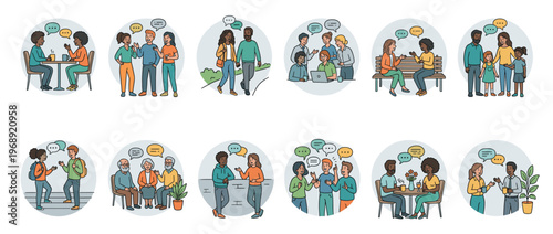 Diverse groups of people engaging in various social interactions and conversations, depicted in a collection of circular illustrations with speech bubbles.
