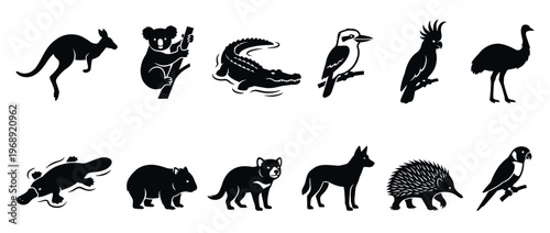 Australian animals and birds vector silhouette icons set featuring various native wildlife creatures in a clean, graphic style.