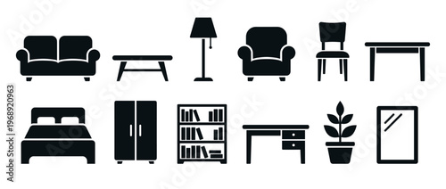 Collection of various furniture icons representing common household items for interior design, home decoration, and living spaces.