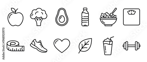 Health fitness nutrition lifestyle icons collection representing wellness, exercise, diet, and overall well-being for graphic design and digital projects.