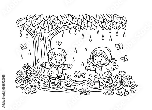 Rainy day with children splashing under a large tree with raindrops dripping from leaves, flowers and grass around, tiny frogs