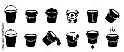 Collection of various bucket icons, including empty, full, pouring, dripping, steaming, and measuring pails, representing different uses and states.