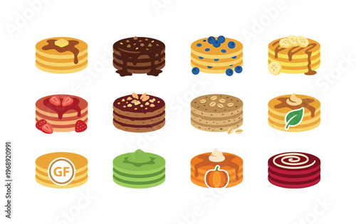 Pancake varieties including classic pancakes, chocolate pancakes, blueberry pancakes, banana pancakes, strawberry pancakes,