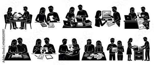 Business people performing financial tasks, managing budgets, reviewing documents, and handling money in various administrative scenarios.