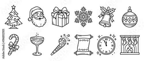 Collection of festive Christmas and New Year celebration line art icons, featuring holiday symbols like Santa, tree, gifts, and party elements.